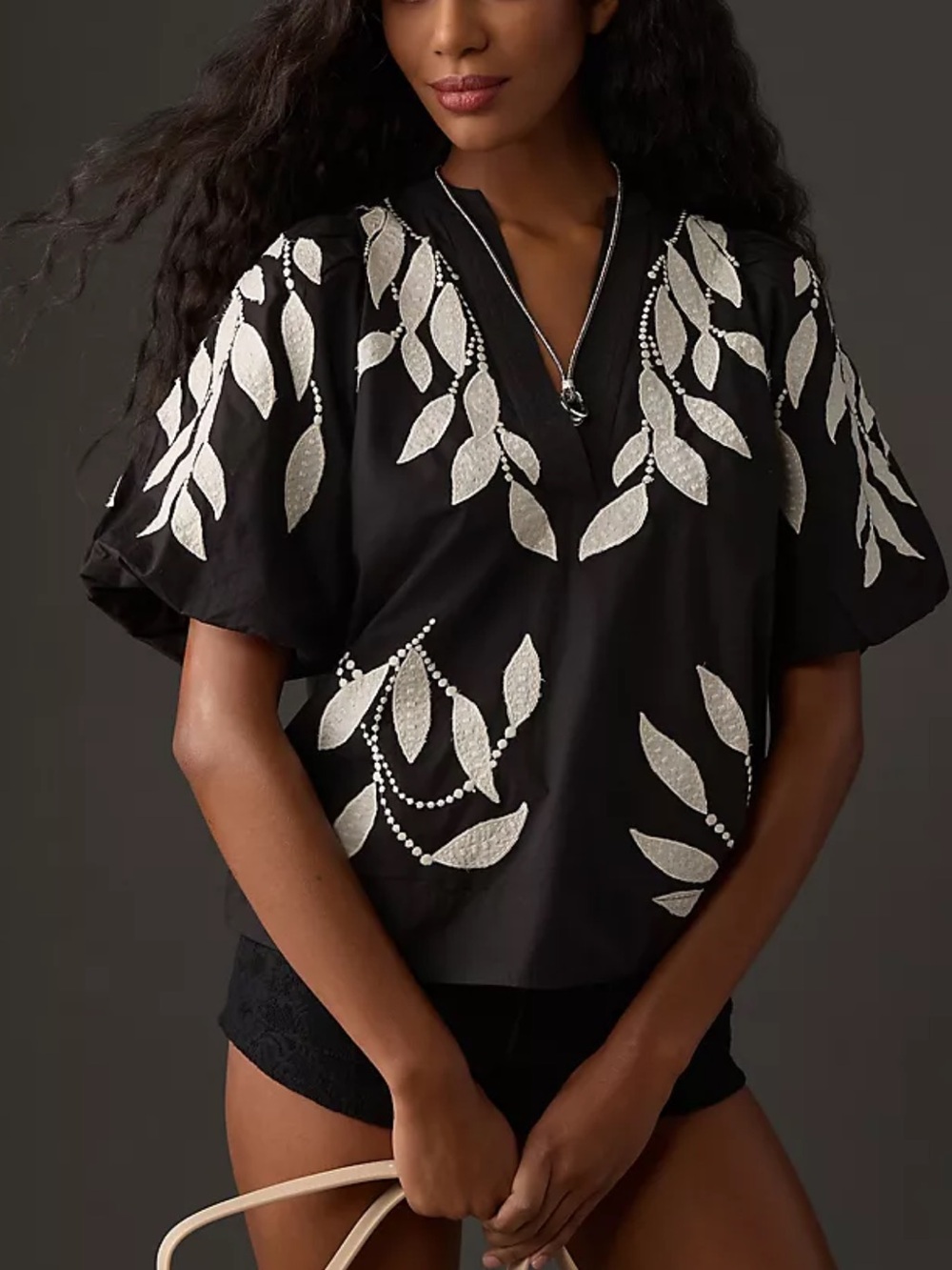 Anthropologie Puff-Sleeve Embroidered Blouse in Black and White Size Small